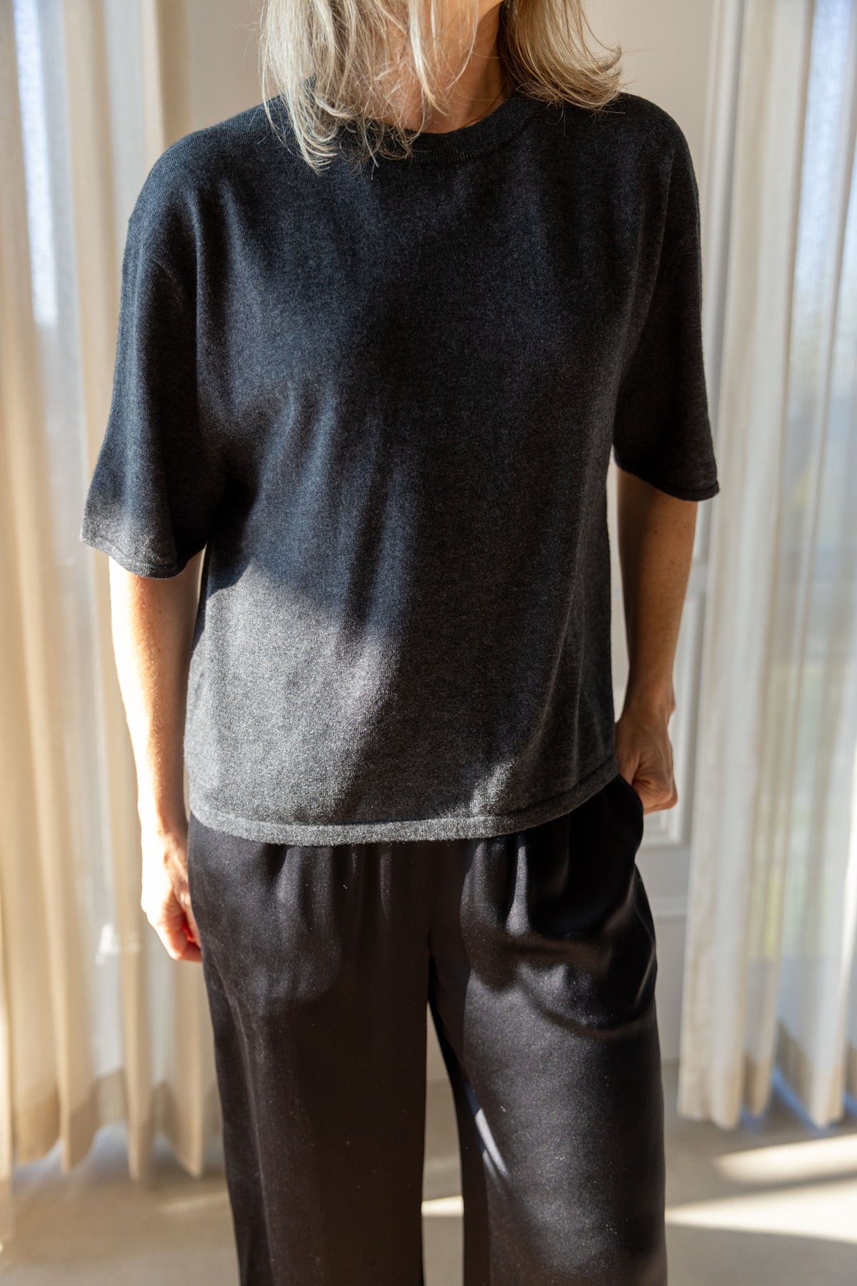 Close-up of the Lisa Yang Rubie T-Shirt in eclipse cotton cashmere jersey with Sablyn Brynn silk pants