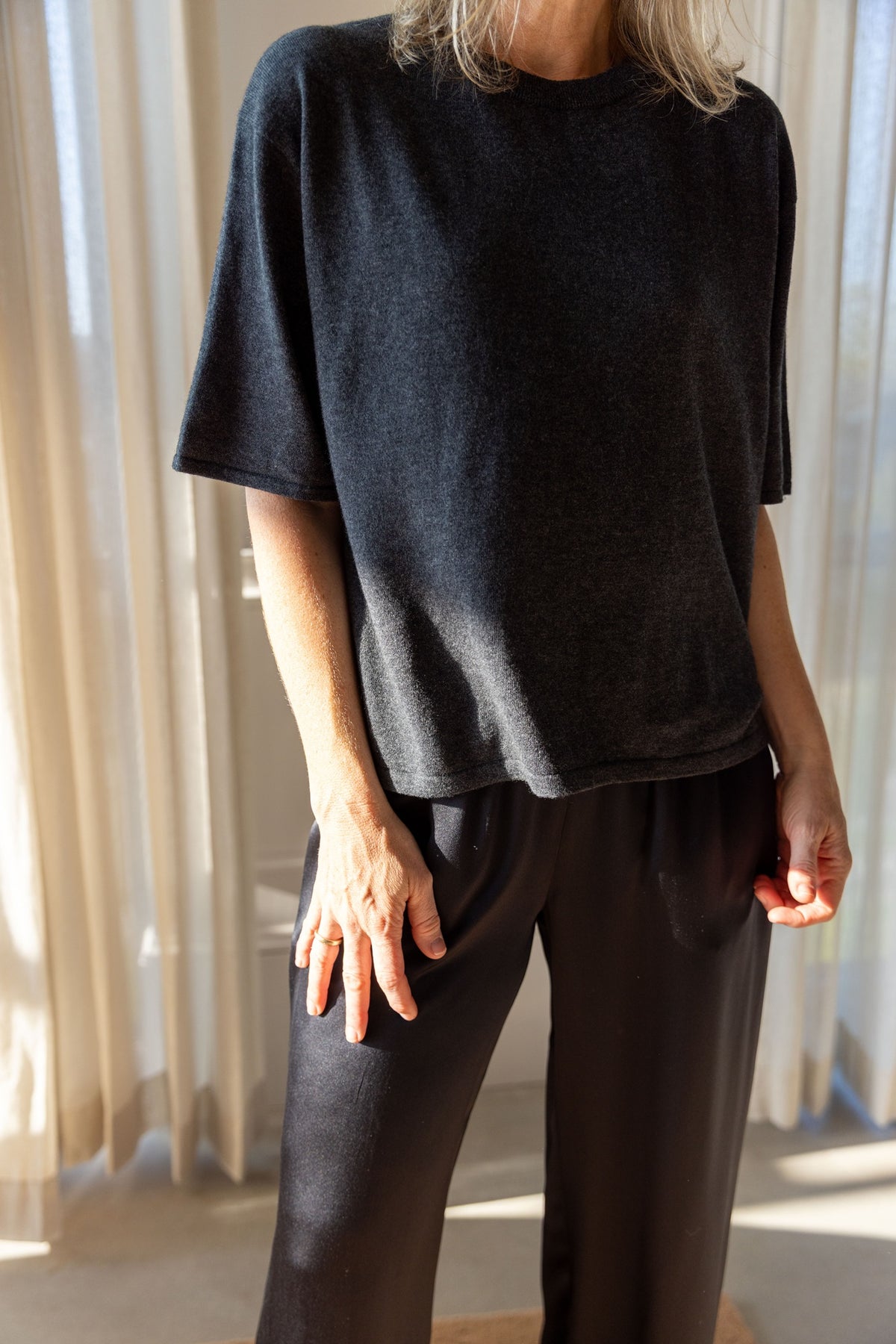 Lisa Yang Rubie T-Shirt in eclipse cotton cashmere, wide cropped fit, styled with Sablyn Brynn silk pants