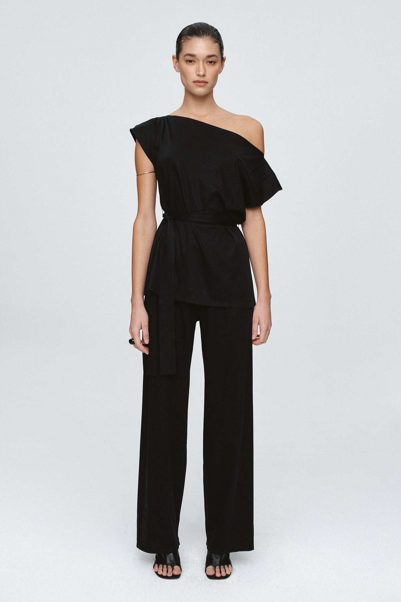 image of a model wearing the marle fay top in black