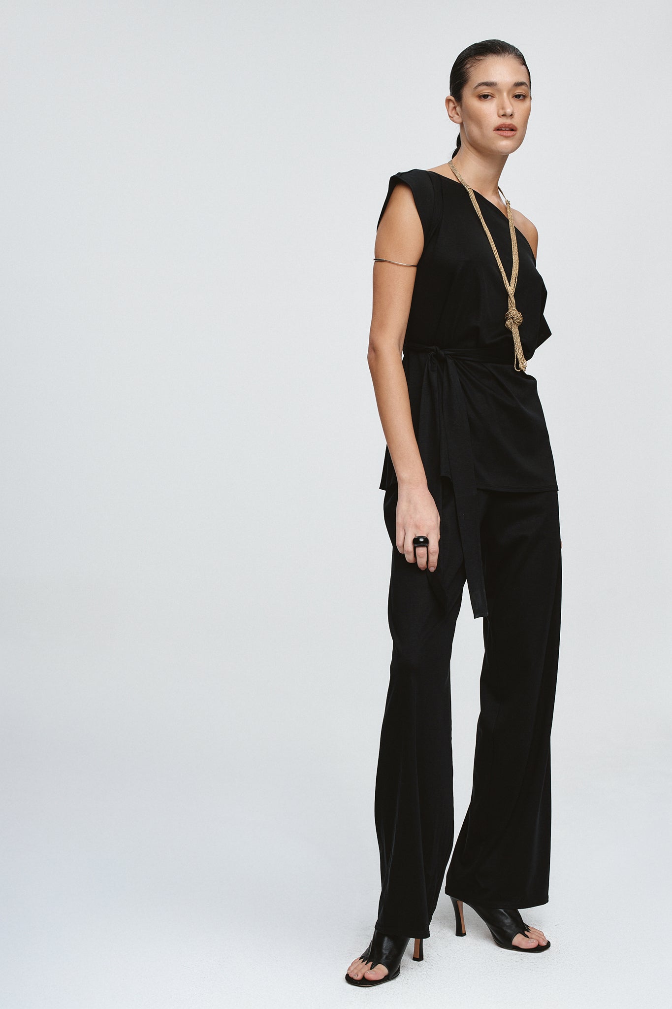image of a model wearing the marle fay top in black