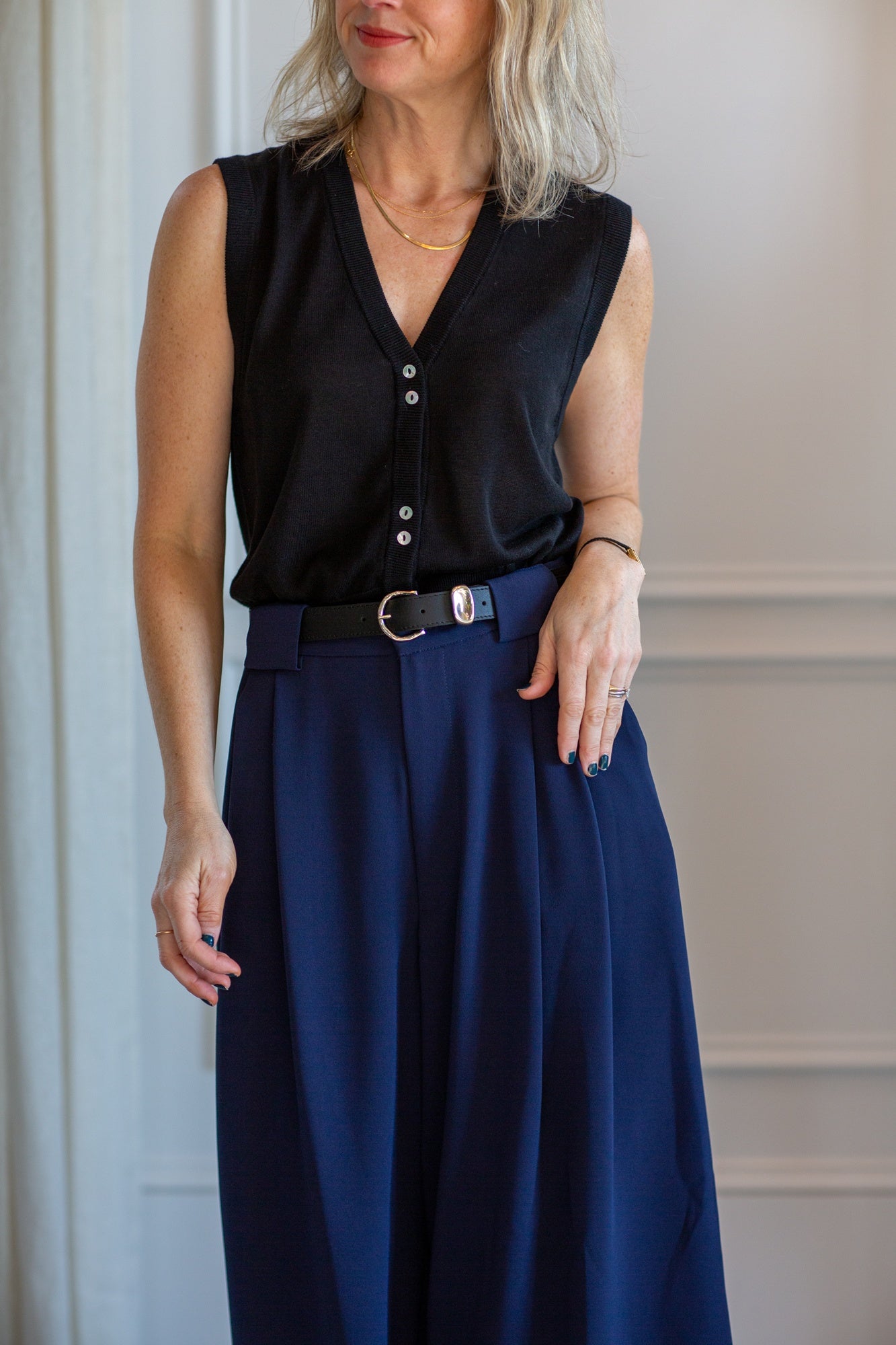 model wearing the marle foundations vest and rachel comey wolcott pants