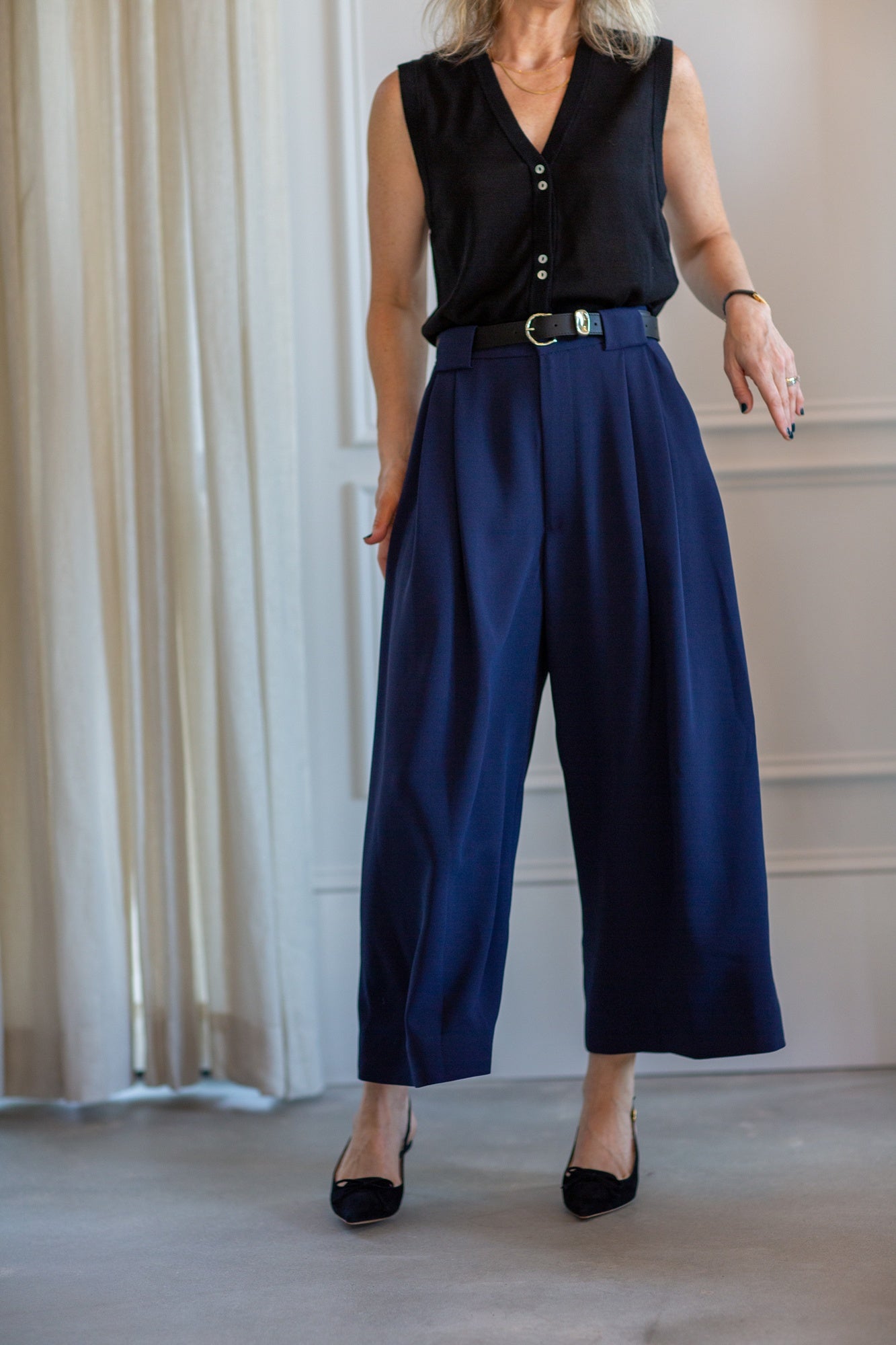 model wearing the marle foundations vest and rachel comey wolcott pants