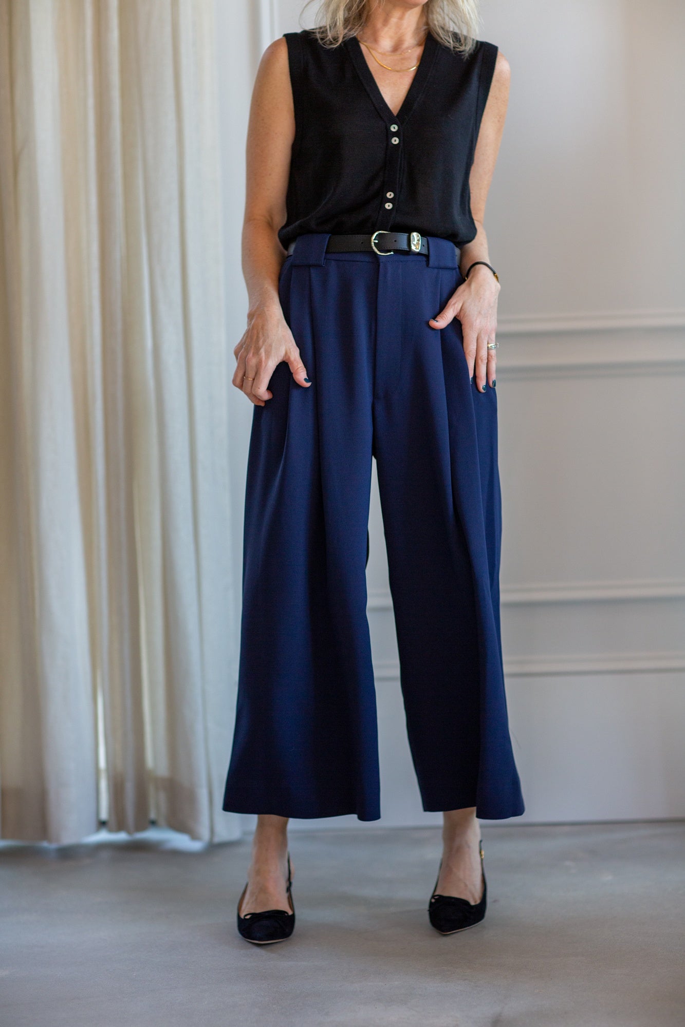 model wearing the marle foundations vest and rachel comey wolcott pants