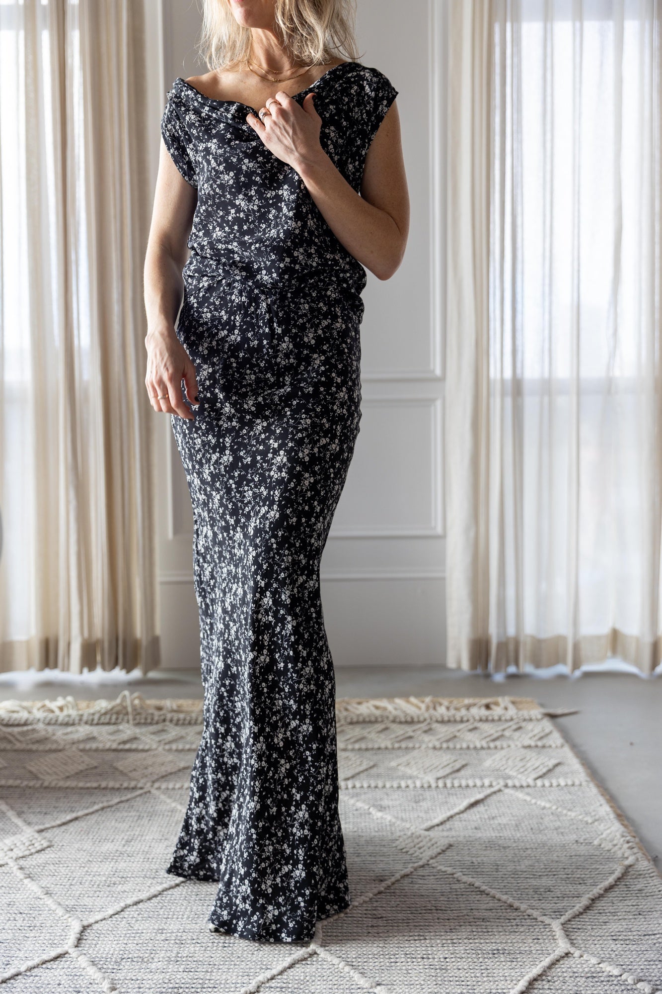image of a woman wearing the Paris Georgia Christophe Top and Bias Cut Skirt
