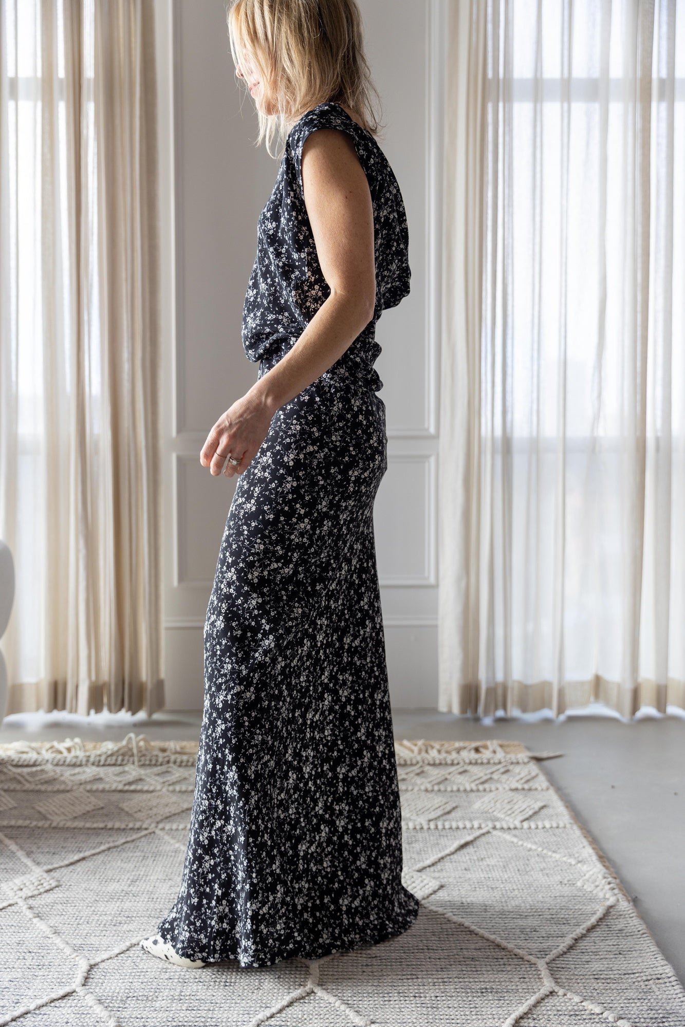 image of a woman wearing the Paris Georgia Christophe Top and Bias Cut Skirt