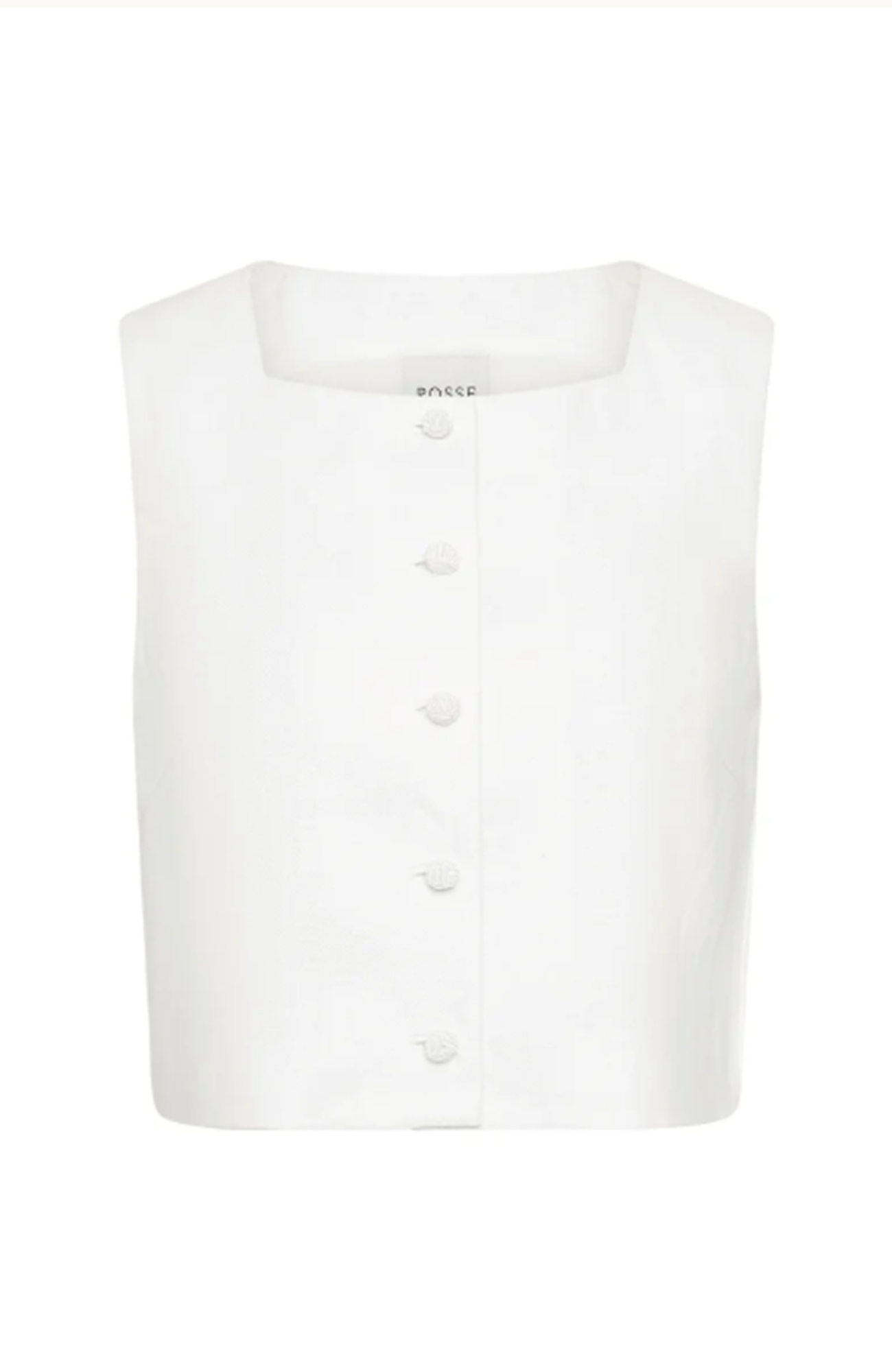 White sleeveless blouse with buttons on a white background