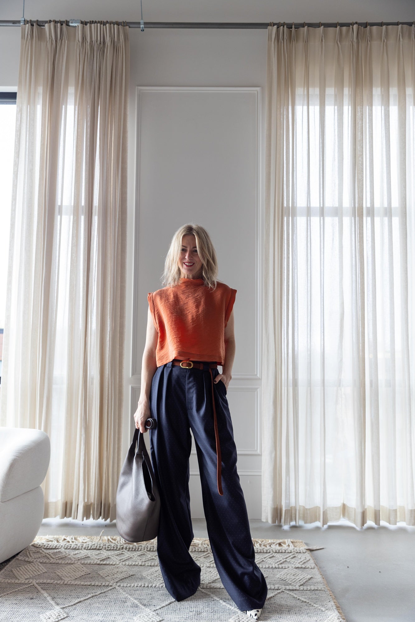 image of a woman wearing the Rachel Comey Bacchus Top and Portview Pants