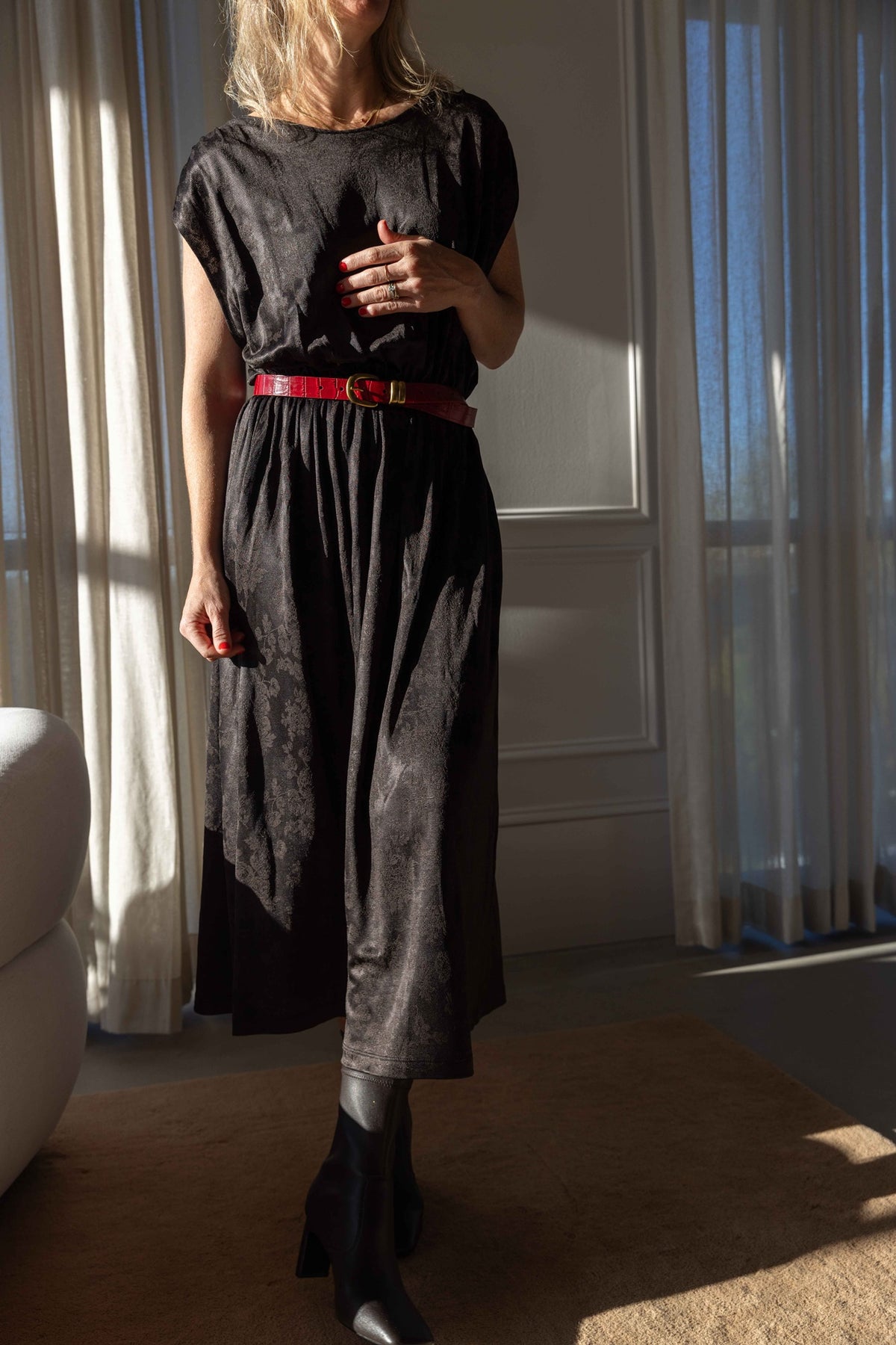 by Malene Birger Zoilo Belt in Red Dahlia worn with a dark jacquard Rachel Comey dress and boots, front view