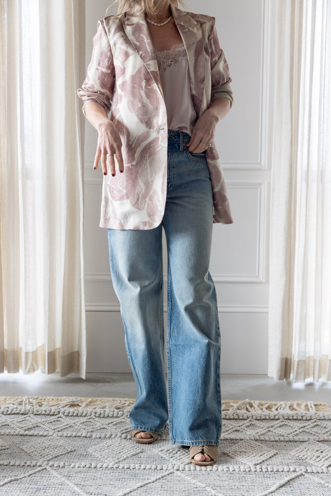image of a woman wearing the Alysi Brushed Print Jacket with the Sablyn Bobbi Cami and Sammy Jeans
