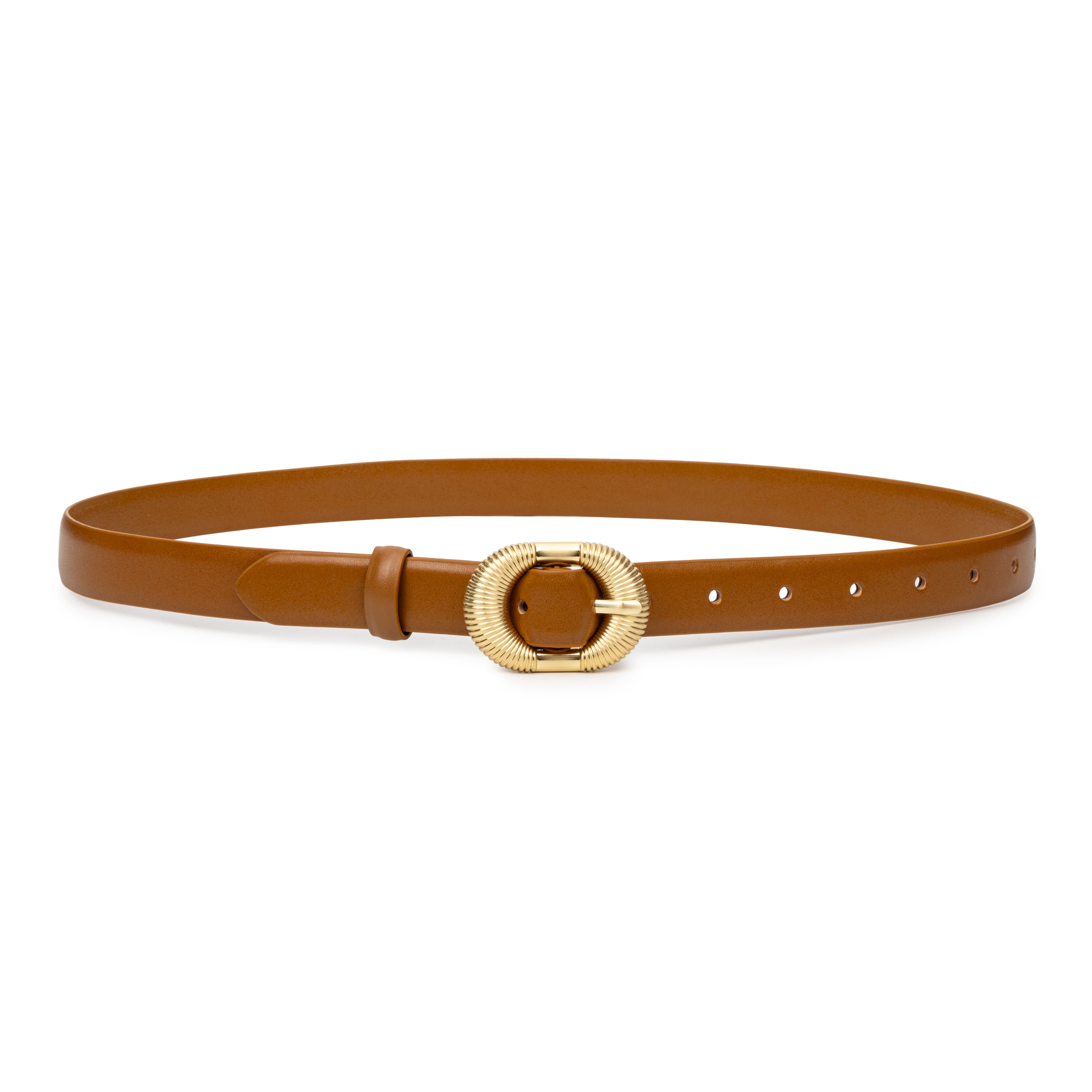 Brown belt with a gold buckle on a white background