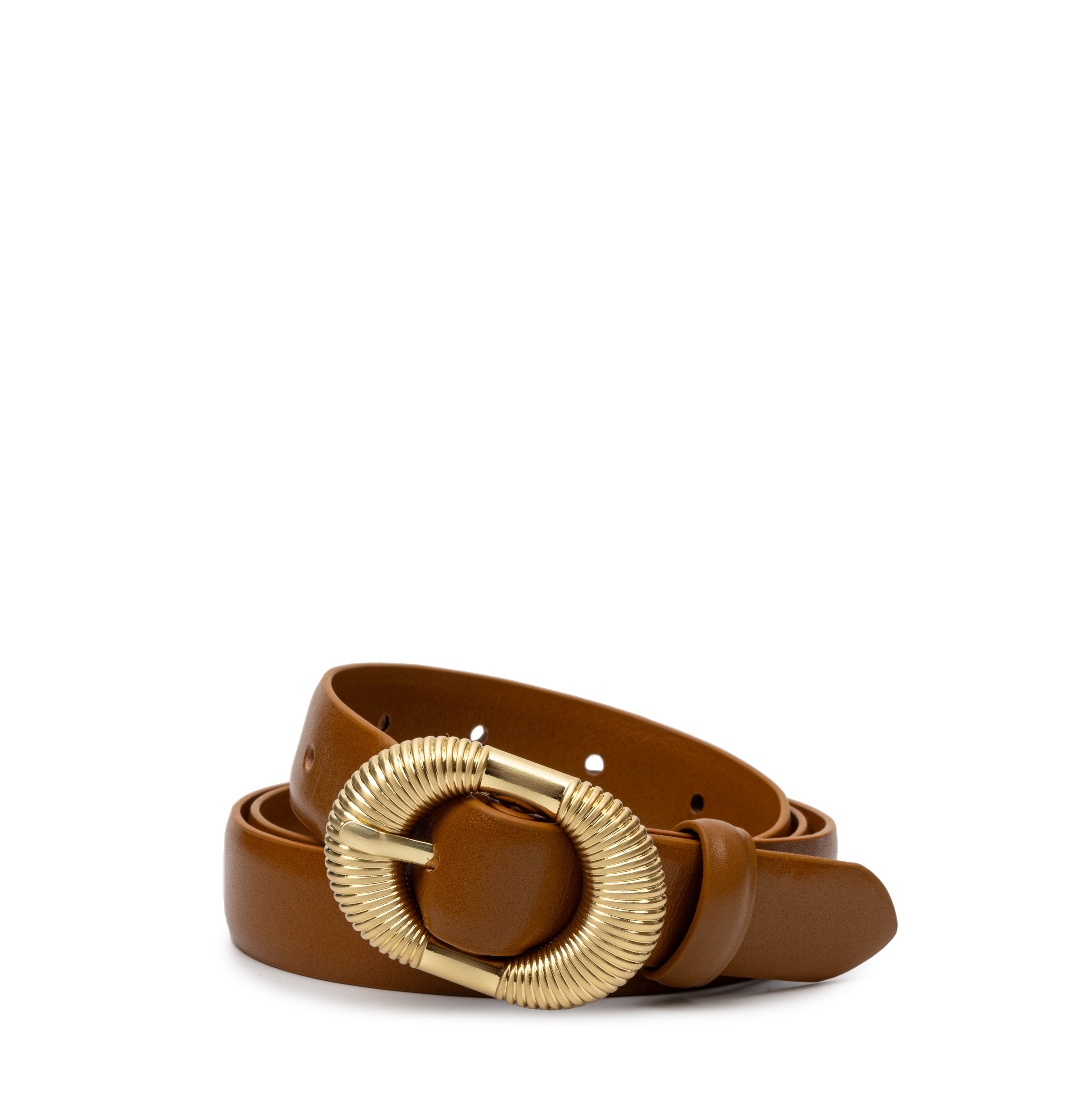 Brown belt with a gold buckle on a white background