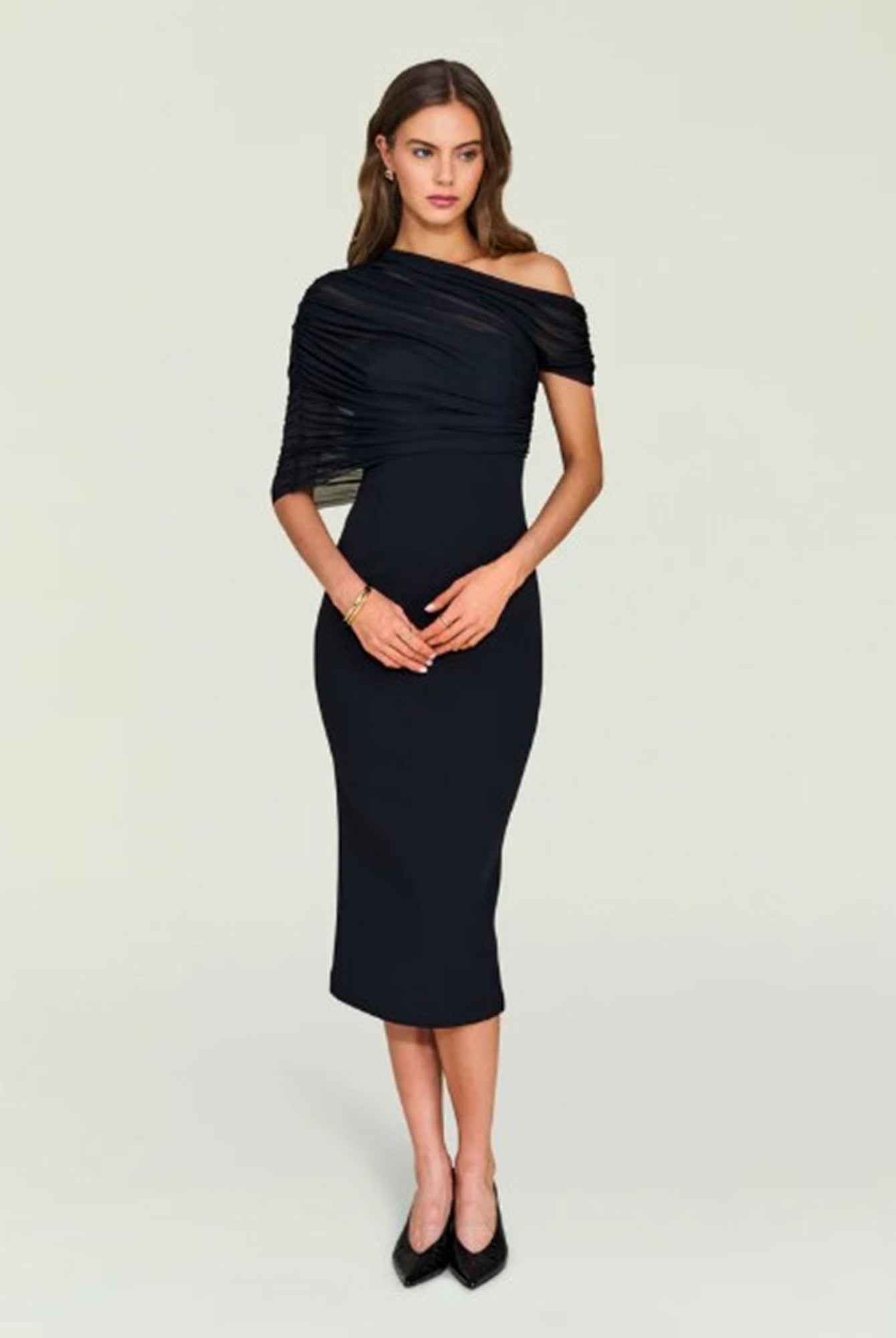 image of a woman wearing the Selma Midi Crepe Dress