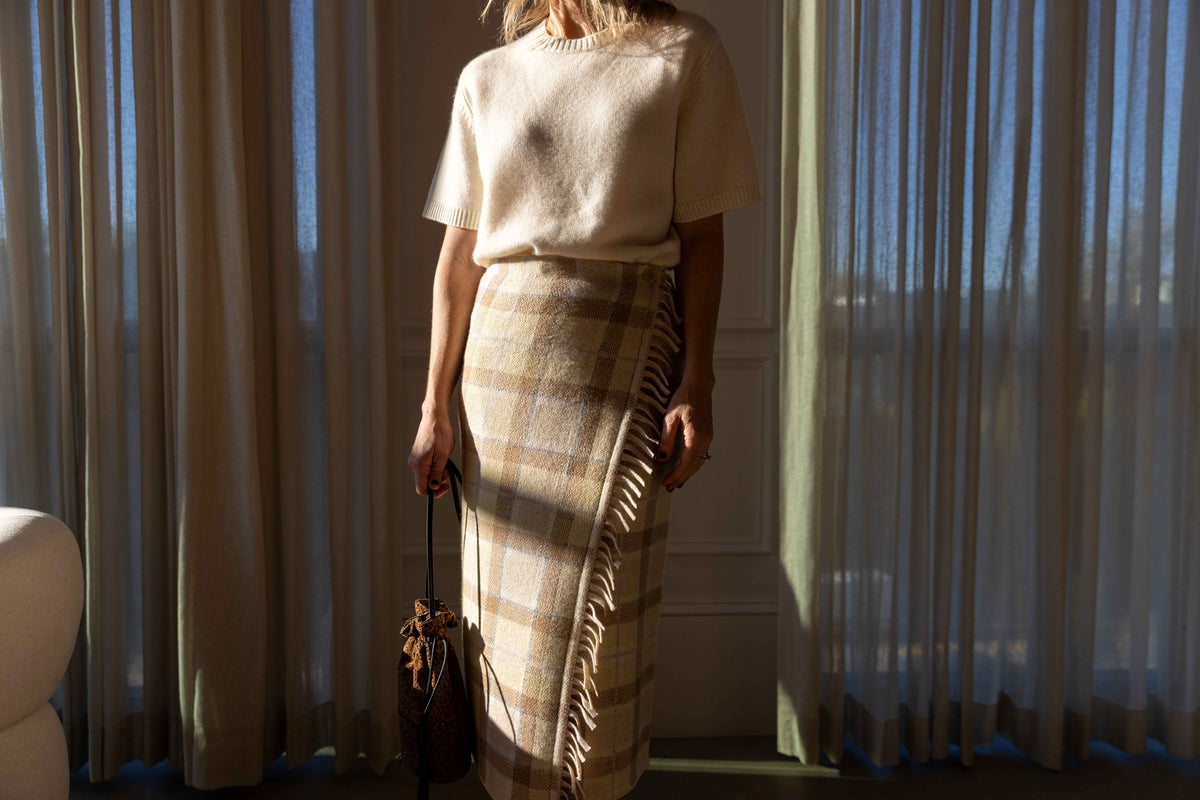 Guest in Residence Tartan Wrap Skirt styled with a Guest in Residence Soft Goat sweater and Hunting Season handbag, view 3
