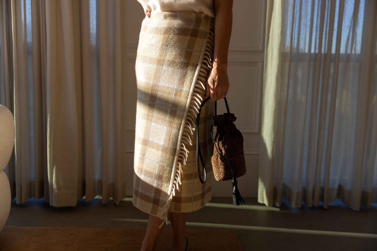 Guest in Residence Tartan Wrap Skirt styled with a Guest in Residence Soft Goat sweater and Hunting Season handbag, view 4
