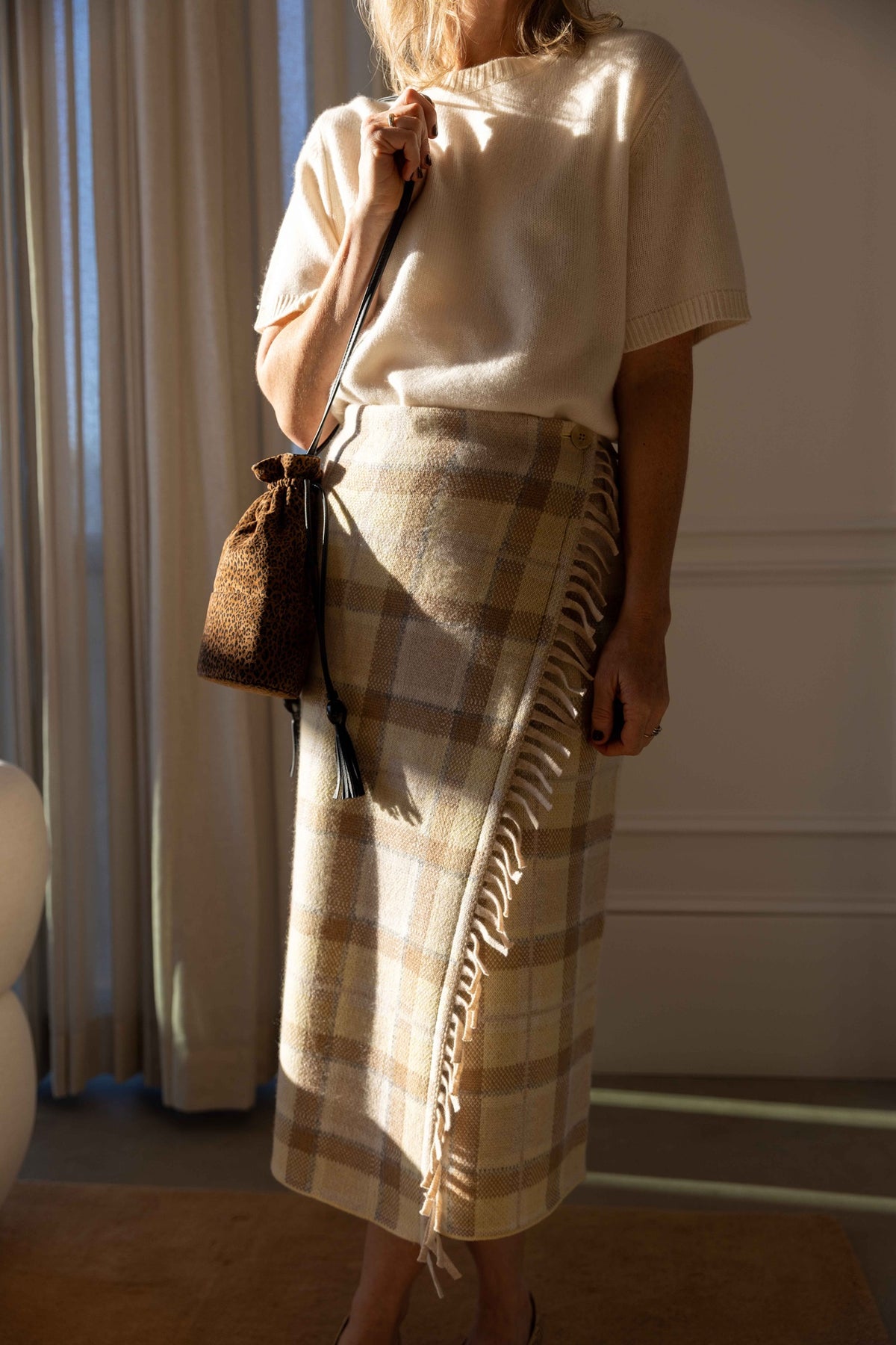 Guest in Residence Tartan Wrap Skirt styled with a Guest in Residence Soft Goat sweater and Hunting Season handbag, view 6