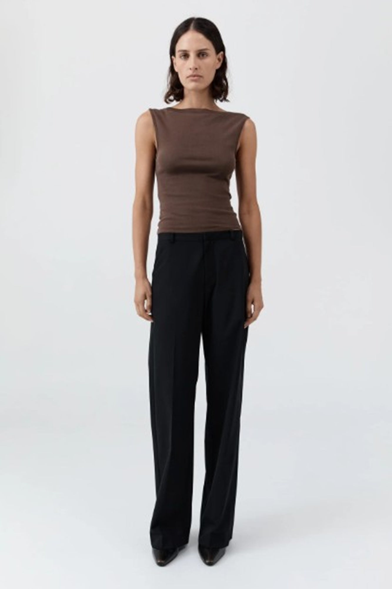image of a woman wearing the st agni organic cotton ballerina top in fudge