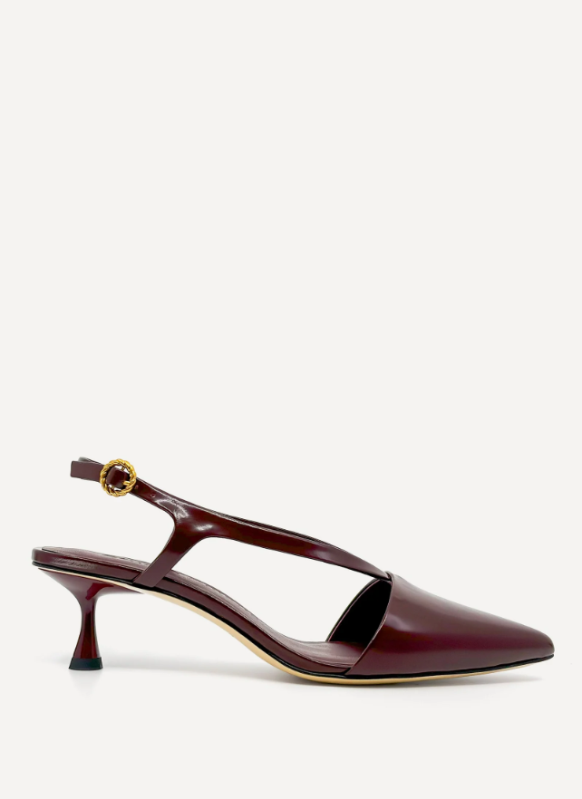 Burgundy high-heeled shoe with a gold buckle on a white background