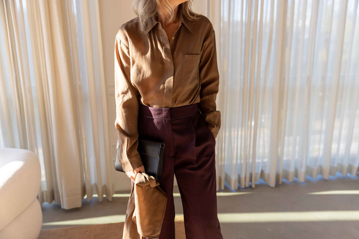 The Garment Eleanor Shirt in Brown styled with Forte Forte Grain de Poudre High Waist Pants, view 2