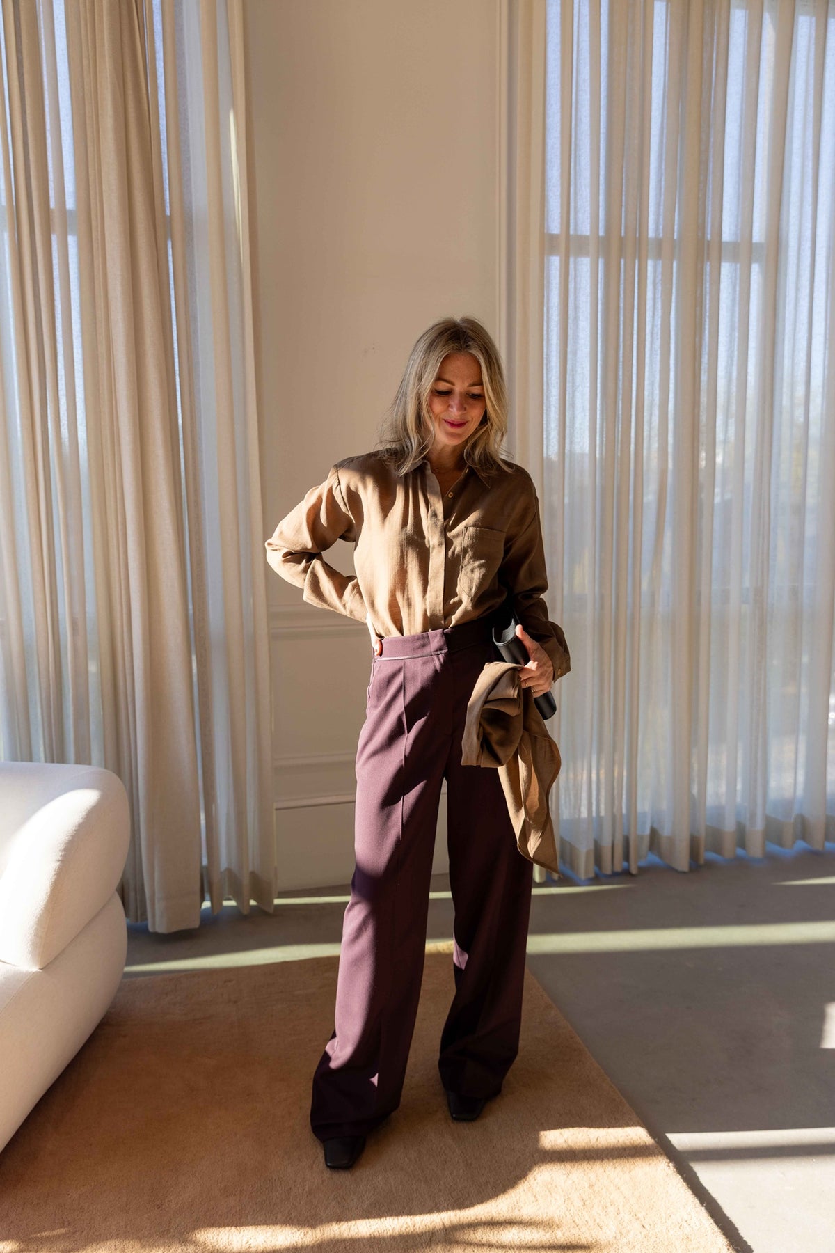 The Garment Eleanor Shirt in Brown styled with Forte Forte Grain de Poudre High Waist Pants, view 3