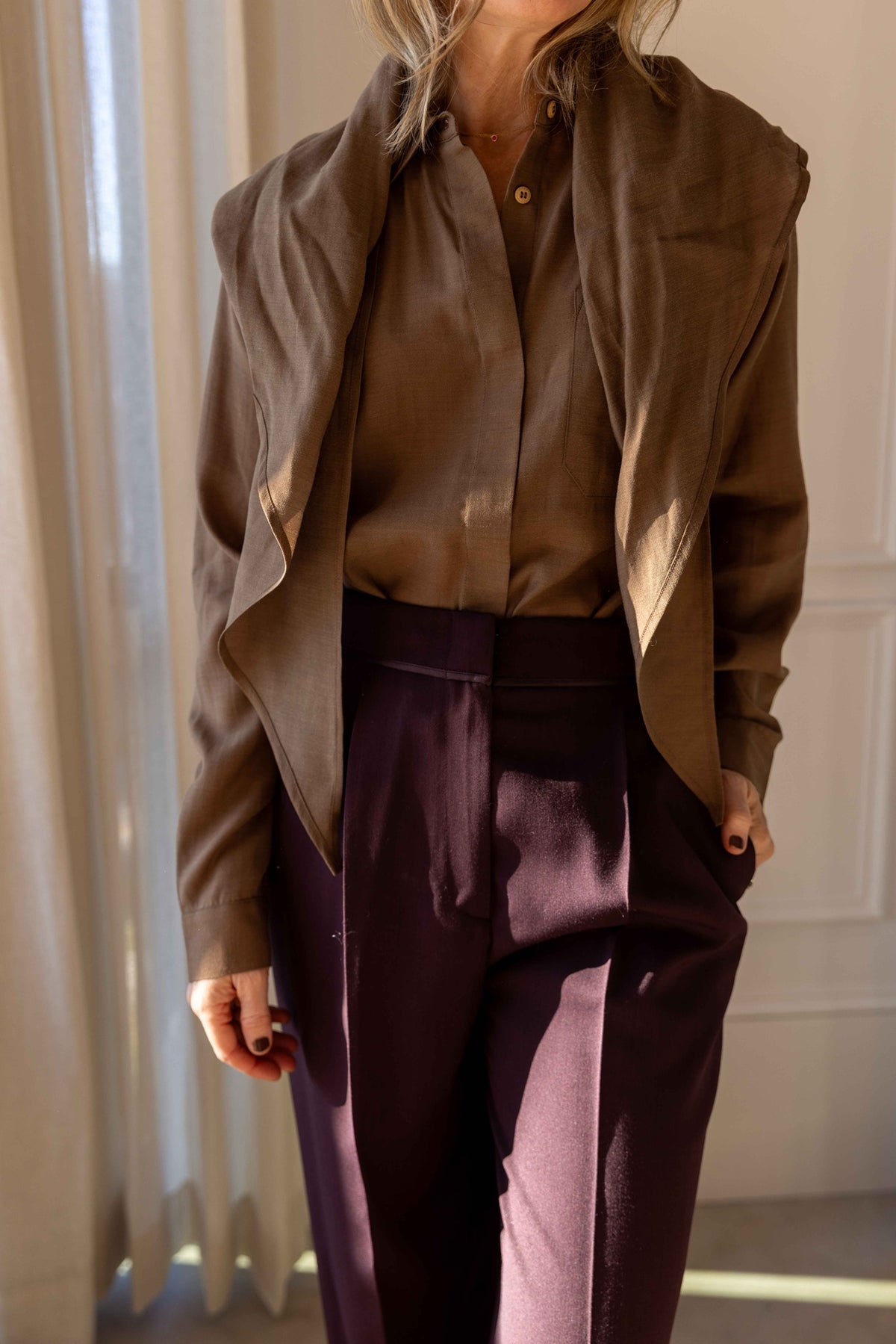 The Garment Eleanor Shirt in Brown styled with Forte Forte Grain de Poudre High Waist Pants, view 5