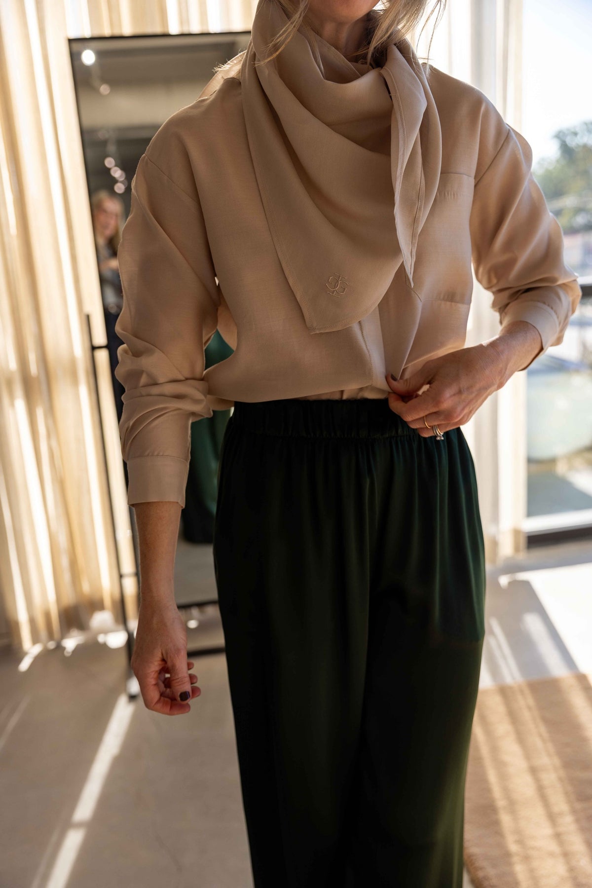 The Garment Eleanor Shirt in Beige styled with Sablyn Brynn pants, view 6