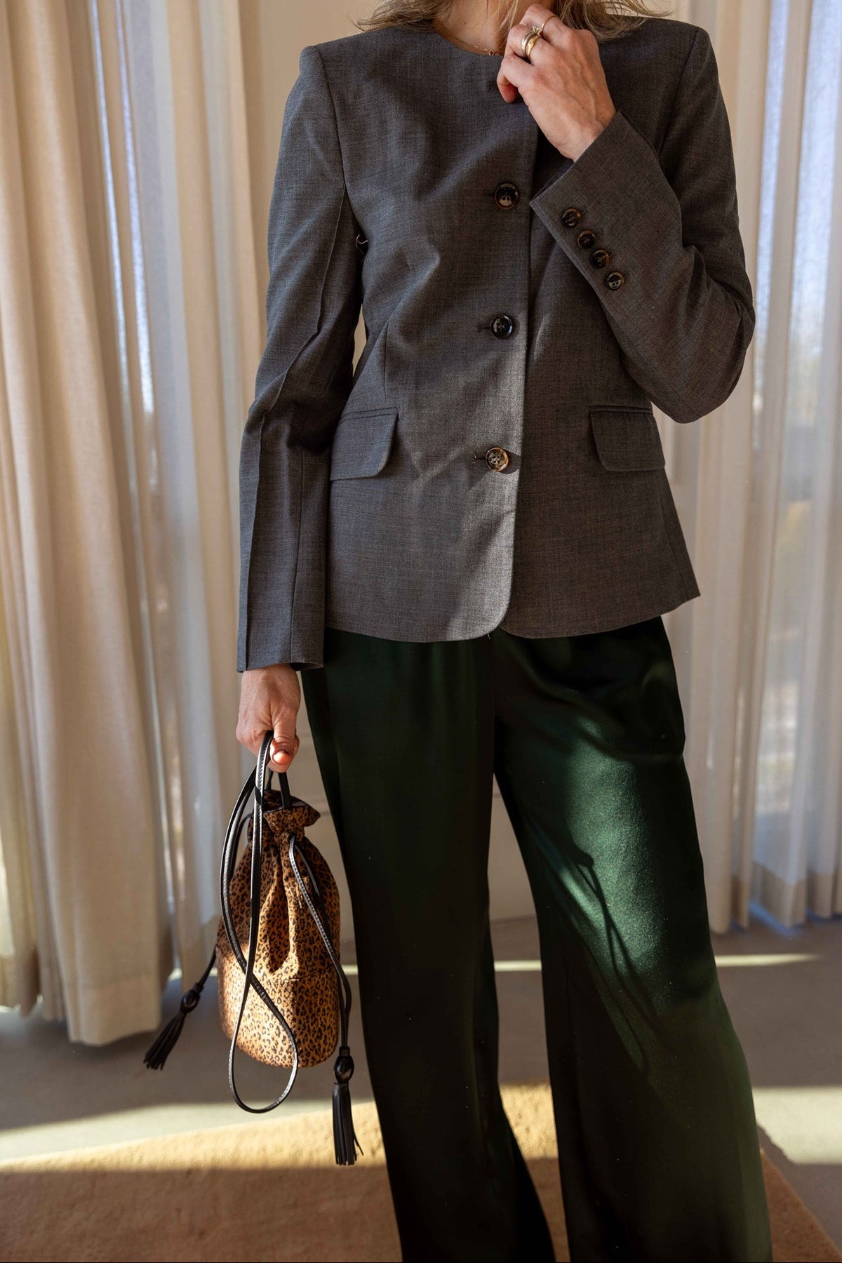 The Garment Grand Back Blazer styled with Sablyn Brynn pants and a Hunting Season handbag, view 6