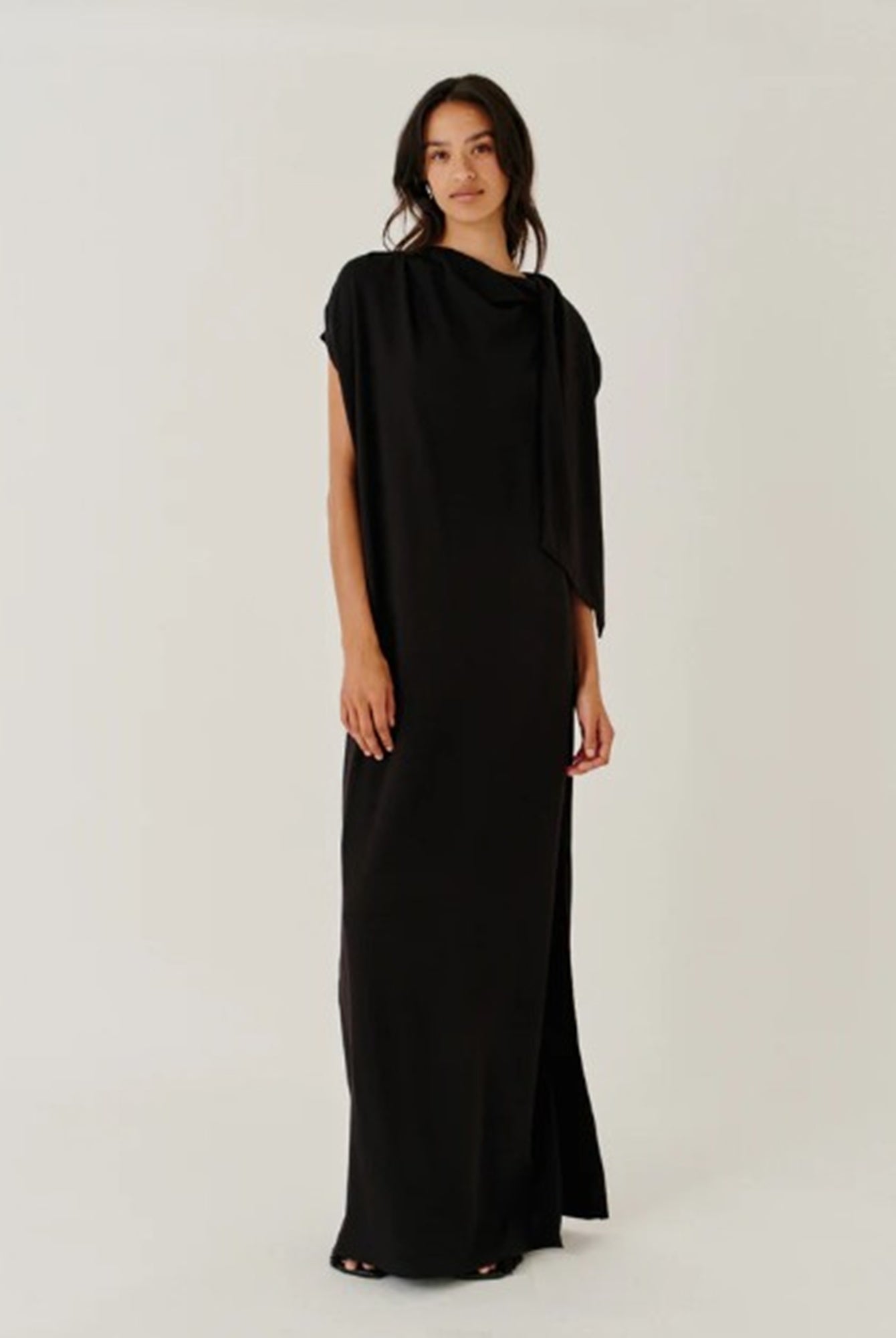 image of a model wearing the Garment Scarf Dress in Black